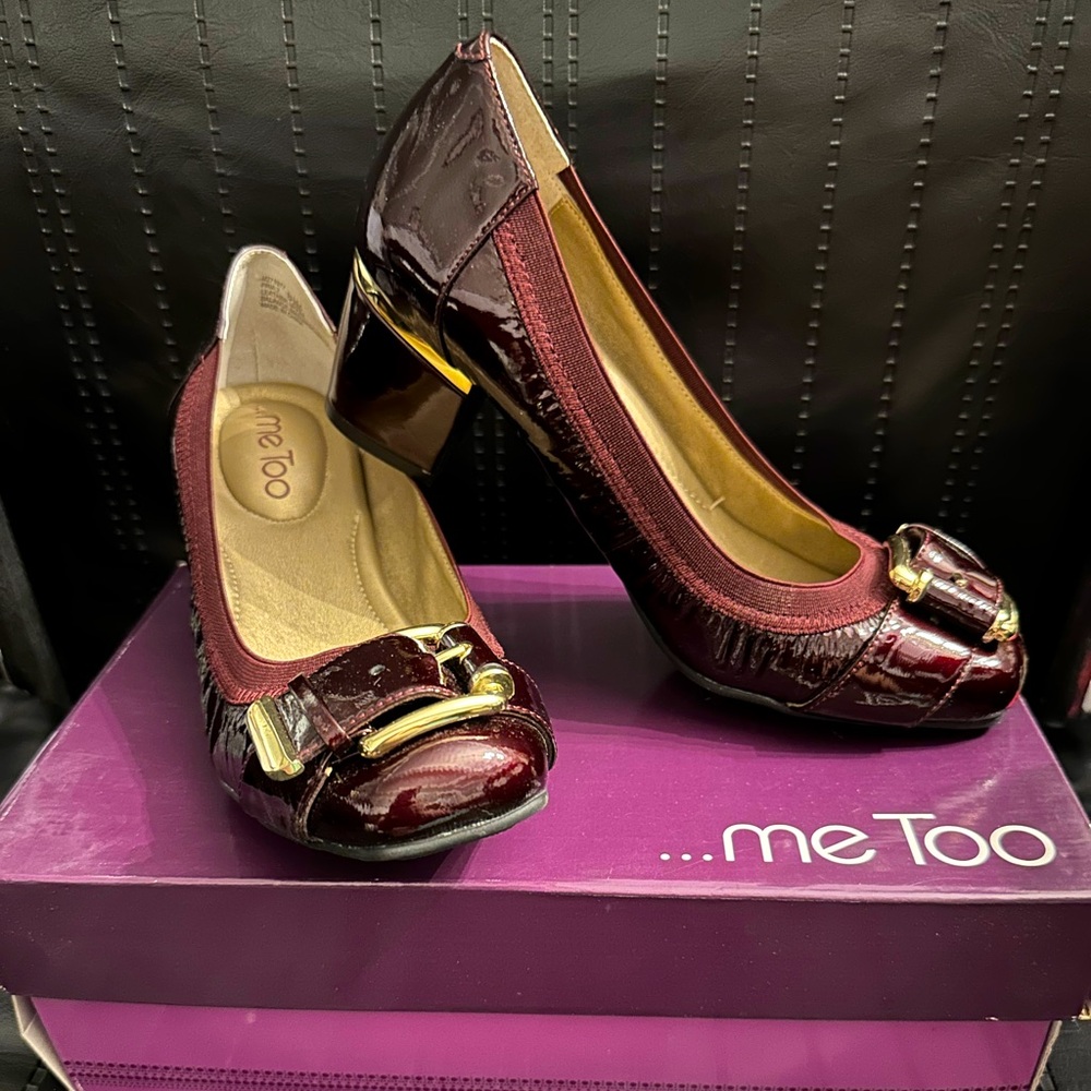 New Me Too 'Pria 2' Burgundy Patent Leather Round Toe Buckle Block Heels